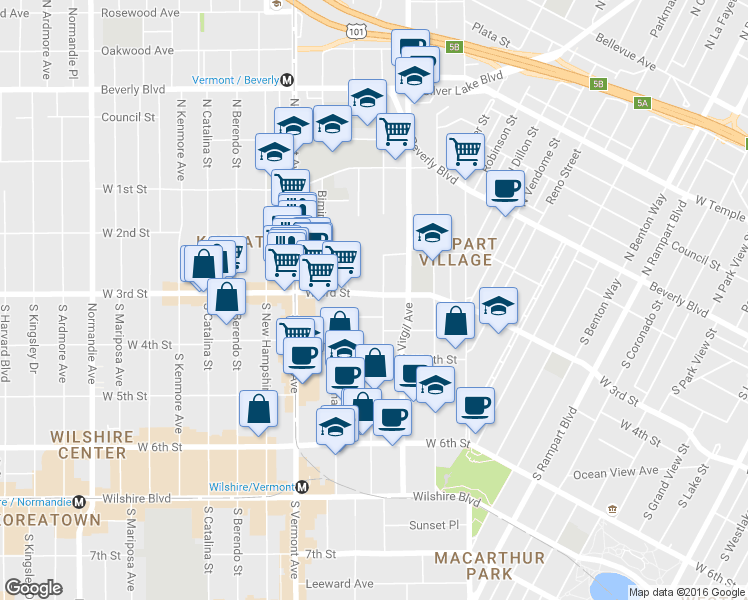 map of restaurants, bars, coffee shops, grocery stores, and more near 3311 West 3rd Street in Los Angeles