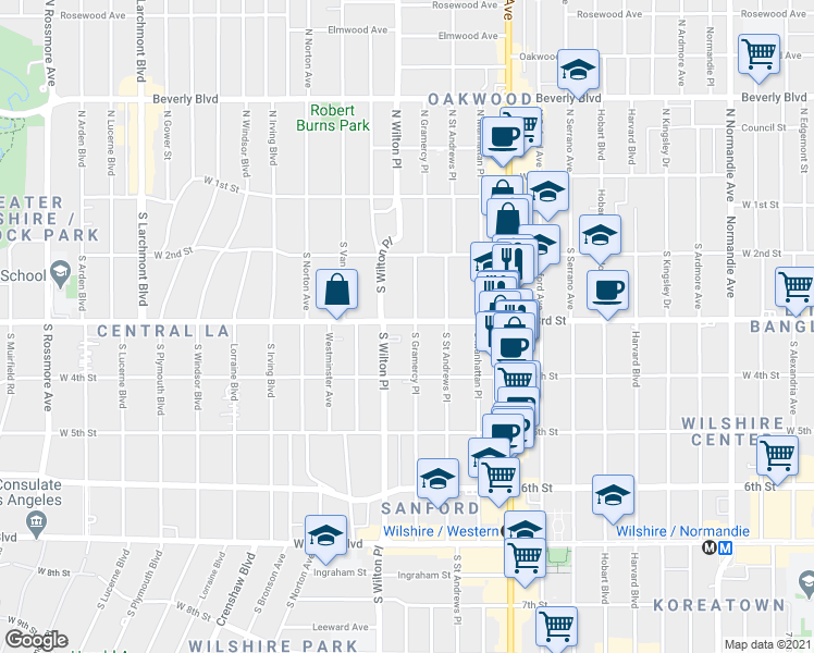 map of restaurants, bars, coffee shops, grocery stores, and more near 254 South Gramercy Place in Los Angeles