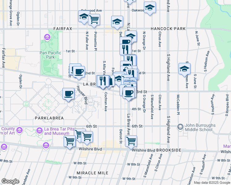 map of restaurants, bars, coffee shops, grocery stores, and more near 241 South Detroit Street in Los Angeles