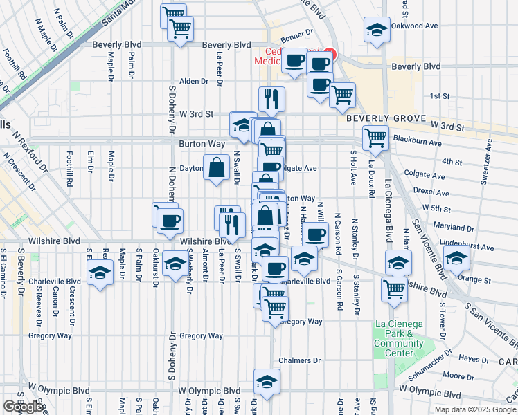 map of restaurants, bars, coffee shops, grocery stores, and more near in Beverly Hills