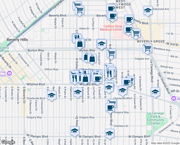 map of restaurants, bars, coffee shops, grocery stores, and more near 231 North La Peer Drive in Beverly Hills