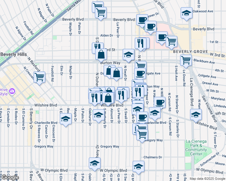 map of restaurants, bars, coffee shops, grocery stores, and more near 231 North La Peer Drive in Beverly Hills