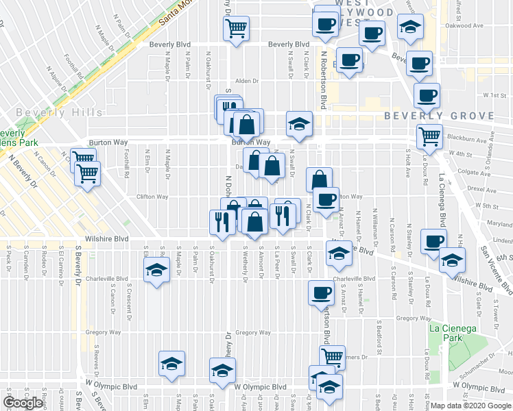 map of restaurants, bars, coffee shops, grocery stores, and more near 231 North La Peer Drive in Beverly Hills