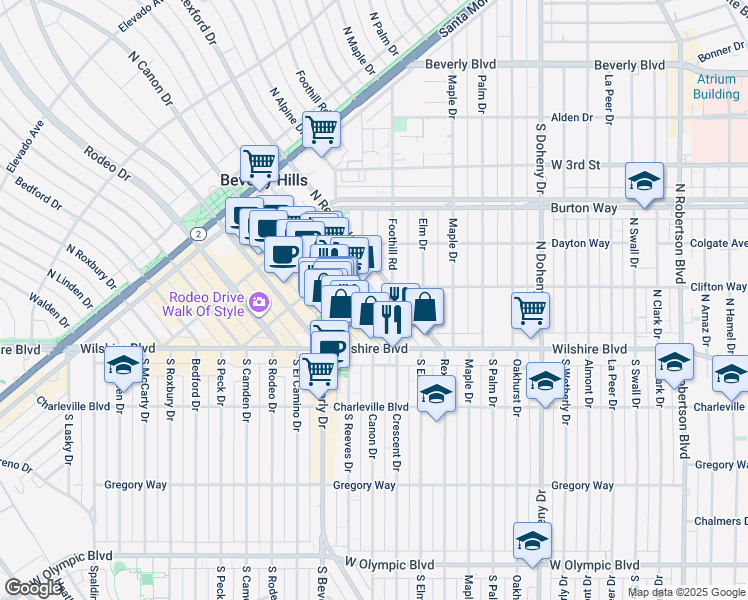 map of restaurants, bars, coffee shops, grocery stores, and more near 215 North Rexford Drive in Beverly Hills