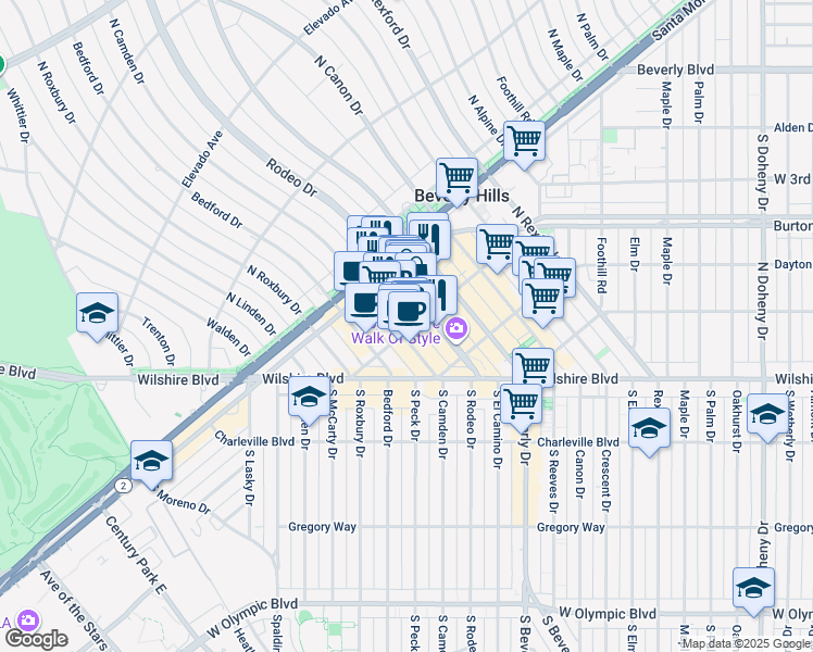 map of restaurants, bars, coffee shops, grocery stores, and more near 405 North Rodeo Drive in Beverly Hills