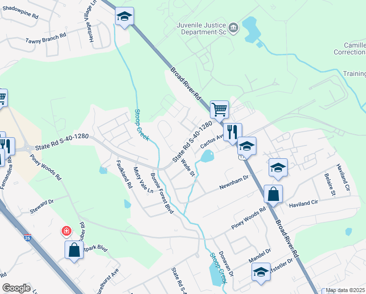 map of restaurants, bars, coffee shops, grocery stores, and more near 1225 Piney Grove Road in Columbia