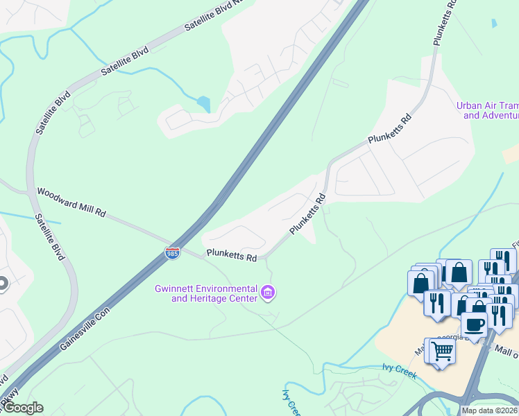 map of restaurants, bars, coffee shops, grocery stores, and more near 3595 Clarecastle Drive in Buford