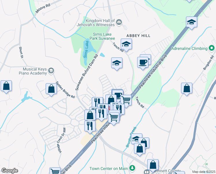 map of restaurants, bars, coffee shops, grocery stores, and more near 375 Causeway Court in Suwanee