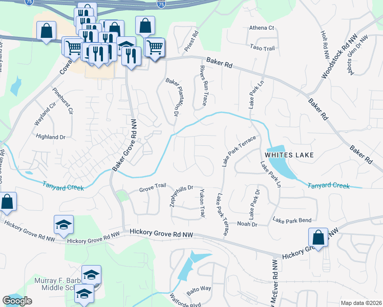 map of restaurants, bars, coffee shops, grocery stores, and more near 3164 Parfait Place in Acworth