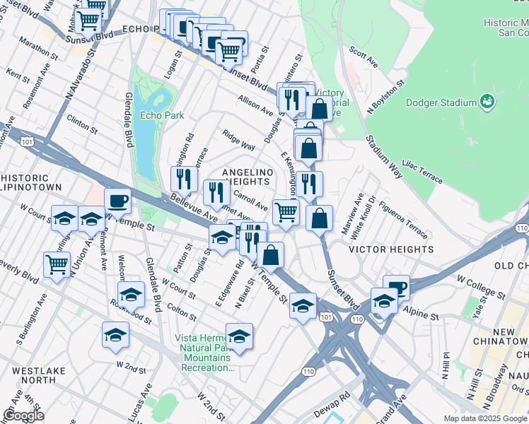 map of restaurants, bars, coffee shops, grocery stores, and more near 1300 Carroll Avenue in Los Angeles