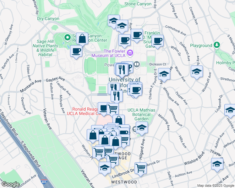 map of restaurants, bars, coffee shops, grocery stores, and more near 425 Westwood Plaza in Los Angeles