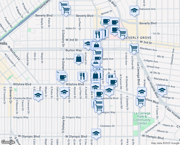 map of restaurants, bars, coffee shops, grocery stores, and more near in Beverly Hills