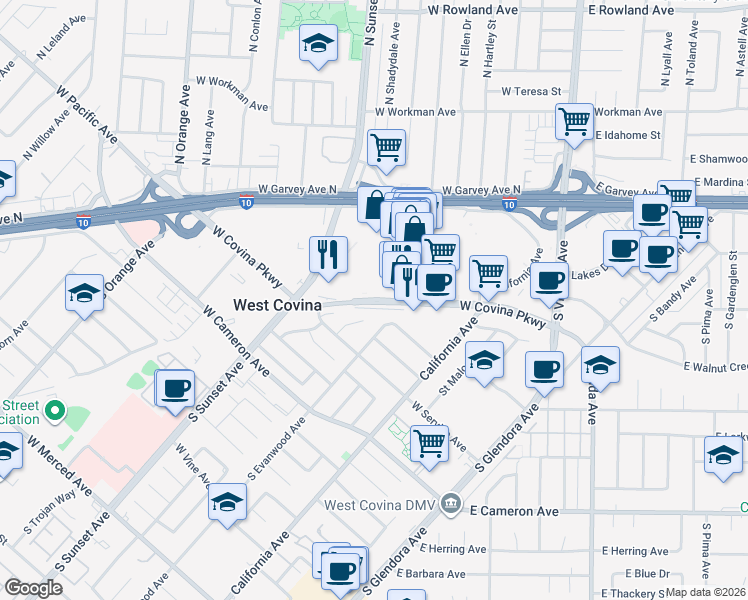 map of restaurants, bars, coffee shops, grocery stores, and more near West Covina Parkway in West Covina