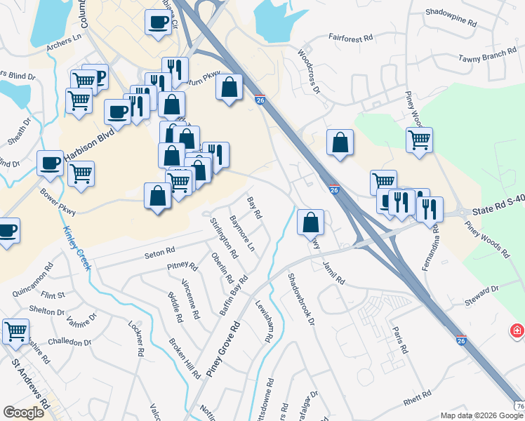 map of restaurants, bars, coffee shops, grocery stores, and more near Bower Parkway in Columbia