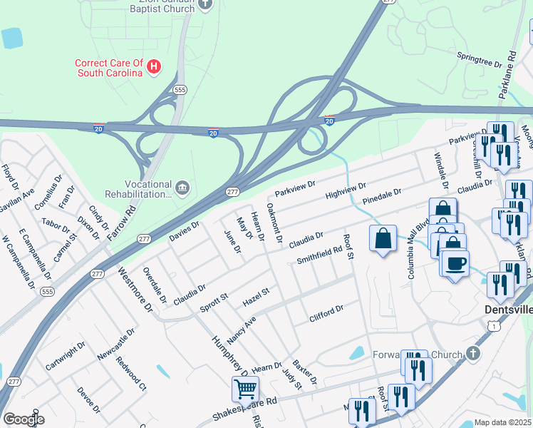 map of restaurants, bars, coffee shops, grocery stores, and more near 3918 Oakmont Drive in Columbia