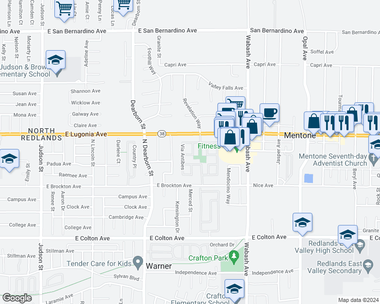 map of restaurants, bars, coffee shops, grocery stores, and more near 1231 Vía Palermo in Redlands