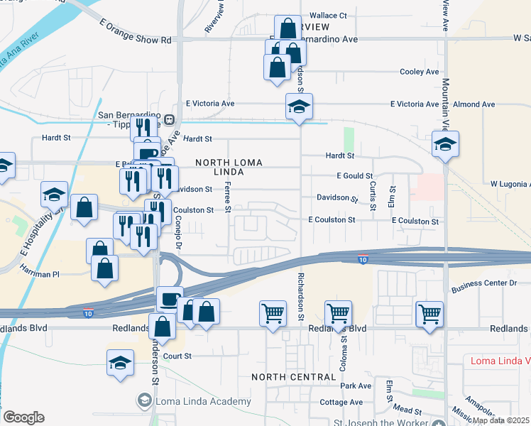 map of restaurants, bars, coffee shops, grocery stores, and more near 1486 Coral Tree Lane in San Bernardino