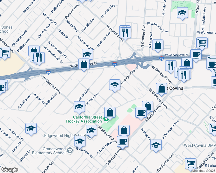 map of restaurants, bars, coffee shops, grocery stores, and more near 904 South Van Horn Avenue in West Covina