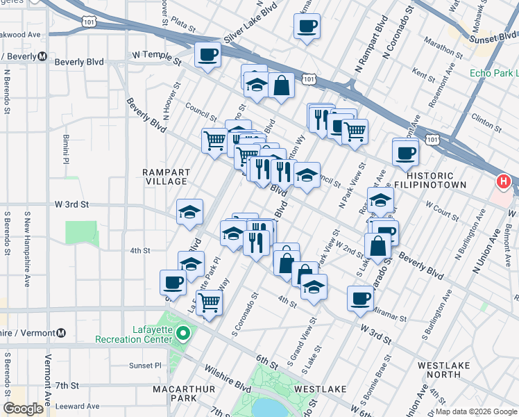 map of restaurants, bars, coffee shops, grocery stores, and more near 201 South Benton Way in Los Angeles