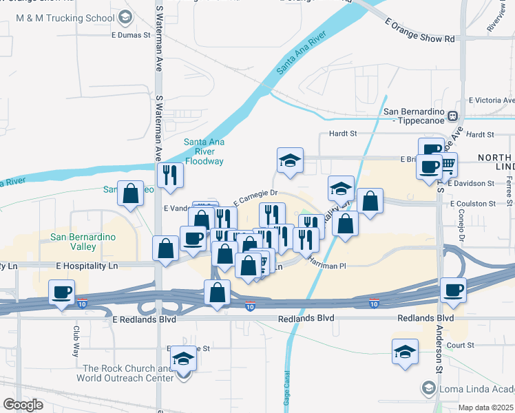 map of restaurants, bars, coffee shops, grocery stores, and more near 621 East Carnegie Drive in San Bernardino