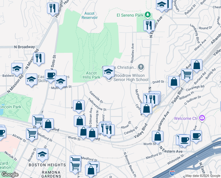 map of restaurants, bars, coffee shops, grocery stores, and more near 4500 Multnomah Street in Los Angeles