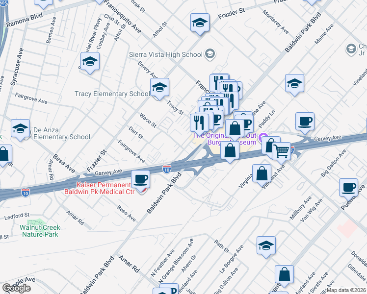 map of restaurants, bars, coffee shops, grocery stores, and more near 13354 Via Venado Street in Baldwin Park