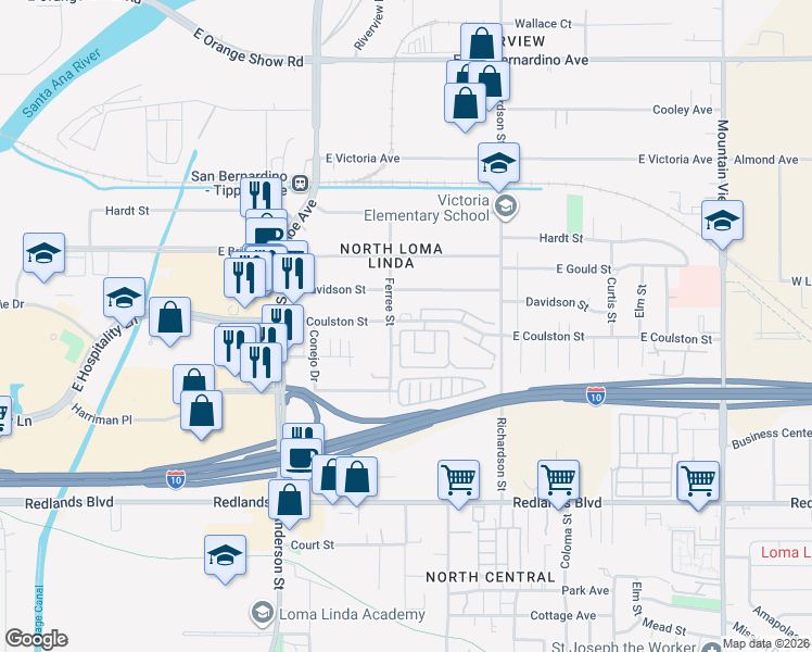 map of restaurants, bars, coffee shops, grocery stores, and more near 1374 East Aurora Lane in San Bernardino
