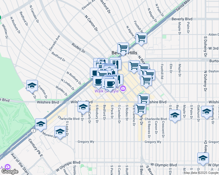 map of restaurants, bars, coffee shops, grocery stores, and more near 405 North Rodeo Drive in Beverly Hills