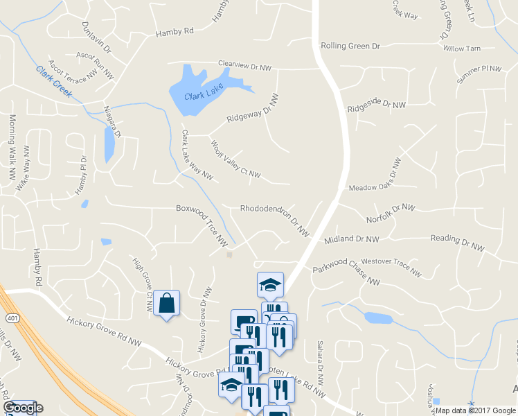 map of restaurants, bars, coffee shops, grocery stores, and more near 1451 Rhododendron Drive Northwest in Acworth