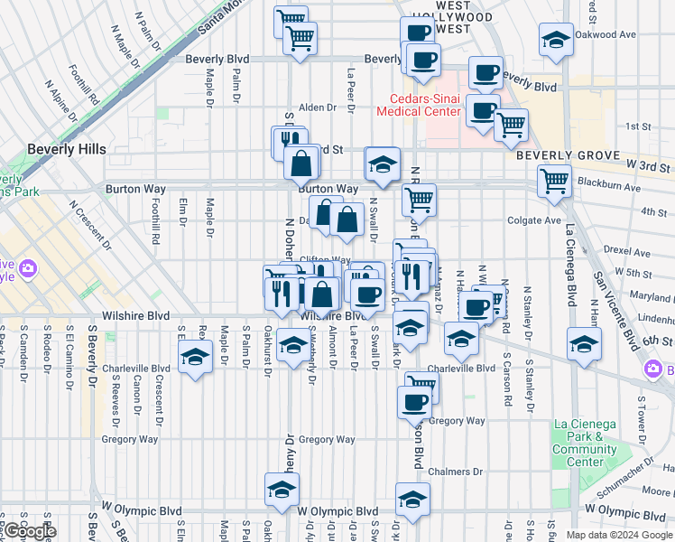 map of restaurants, bars, coffee shops, grocery stores, and more near 162 North Almont Drive in Beverly Hills