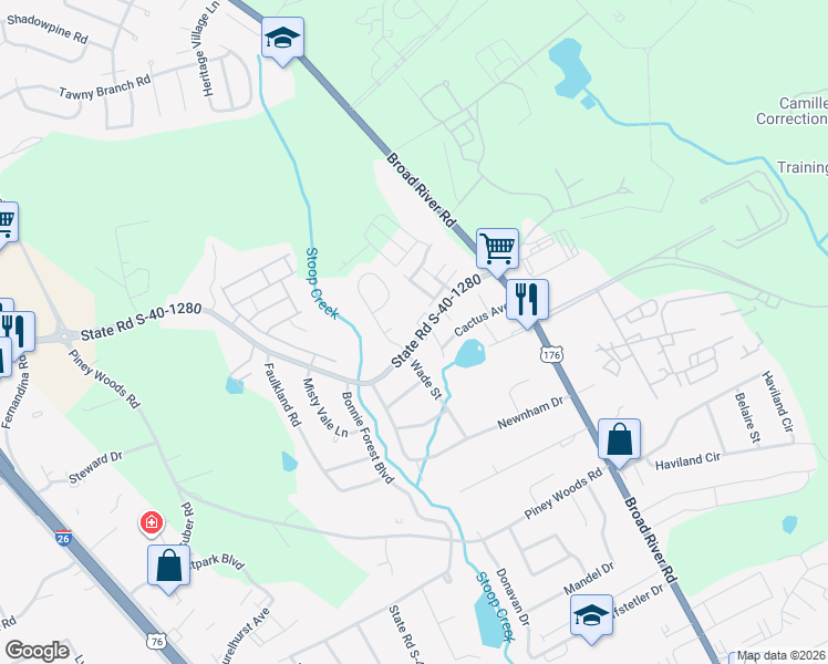 map of restaurants, bars, coffee shops, grocery stores, and more near 1225 Piney Grove Road in Columbia