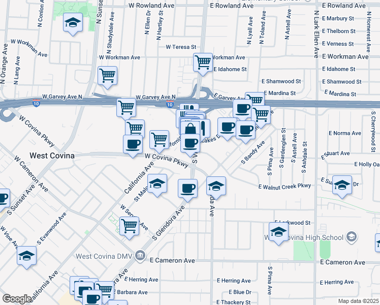 map of restaurants, bars, coffee shops, grocery stores, and more near 300 South California Avenue in West Covina