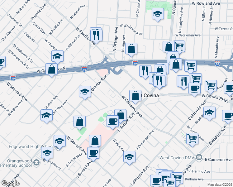 map of restaurants, bars, coffee shops, grocery stores, and more near 1618 West Cameron Avenue in West Covina