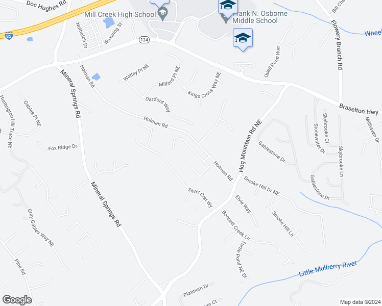 map of restaurants, bars, coffee shops, grocery stores, and more near 4350 Mulberry Ridge Lane Northeast in Hoschton