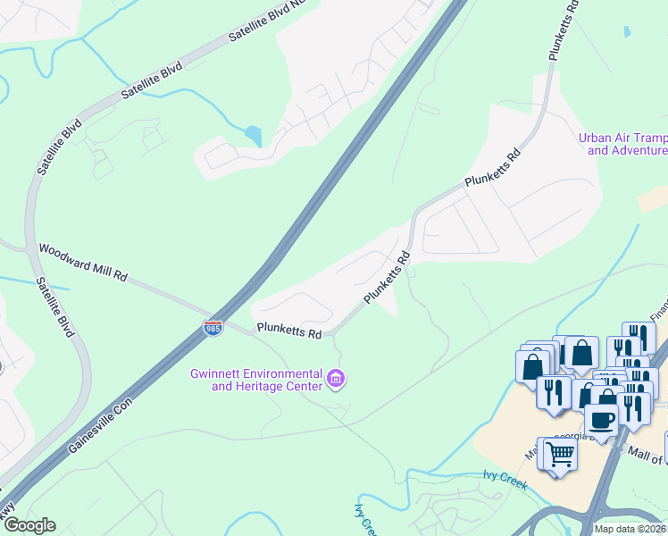 map of restaurants, bars, coffee shops, grocery stores, and more near 3625 Clarecastle Drive in Buford