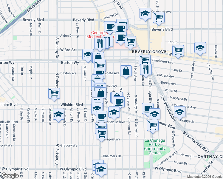 map of restaurants, bars, coffee shops, grocery stores, and more near 8693 Clifton Way in Beverly Hills