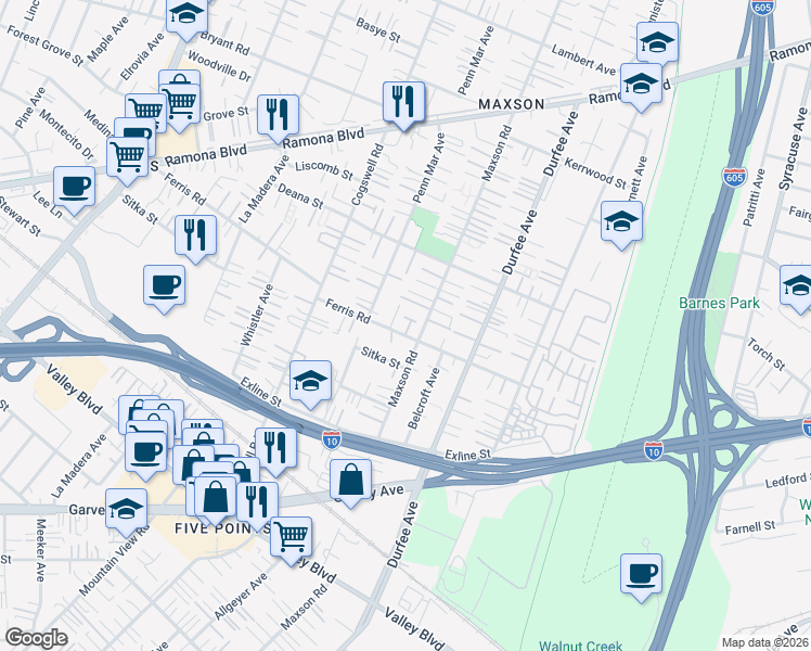 map of restaurants, bars, coffee shops, grocery stores, and more near 12143 Ferris Road in El Monte