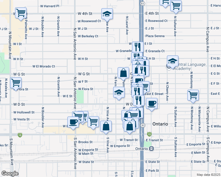 map of restaurants, bars, coffee shops, grocery stores, and more near 520 North Vine Avenue in Ontario