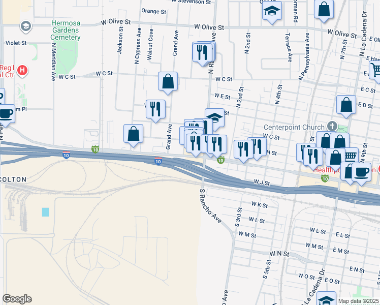 map of restaurants, bars, coffee shops, grocery stores, and more near 837 West Valley Boulevard in Colton