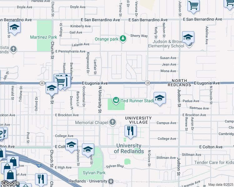 map of restaurants, bars, coffee shops, grocery stores, and more near 1249 Edwards Street in Redlands