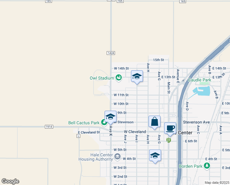 map of restaurants, bars, coffee shops, grocery stores, and more near Avenue K in Hale Center