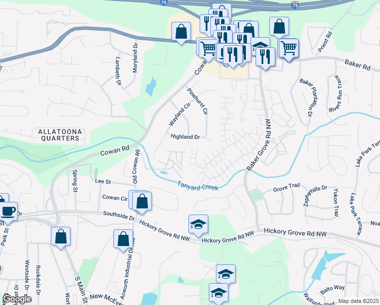 map of restaurants, bars, coffee shops, grocery stores, and more near 180 Windcroft Court Northwest in Acworth