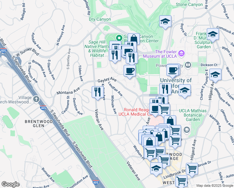 map of restaurants, bars, coffee shops, grocery stores, and more near 459 Landfair Avenue in Los Angeles