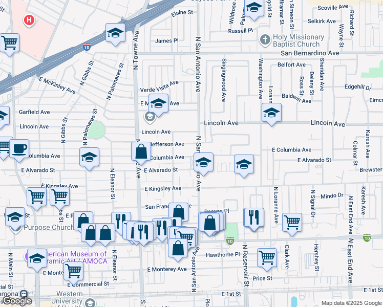 map of restaurants, bars, coffee shops, grocery stores, and more near 779 East Columbia Avenue in Pomona