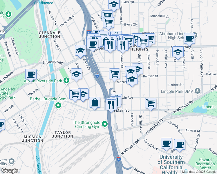 map of restaurants, bars, coffee shops, grocery stores, and more near 2104 Mozart Street in Los Angeles