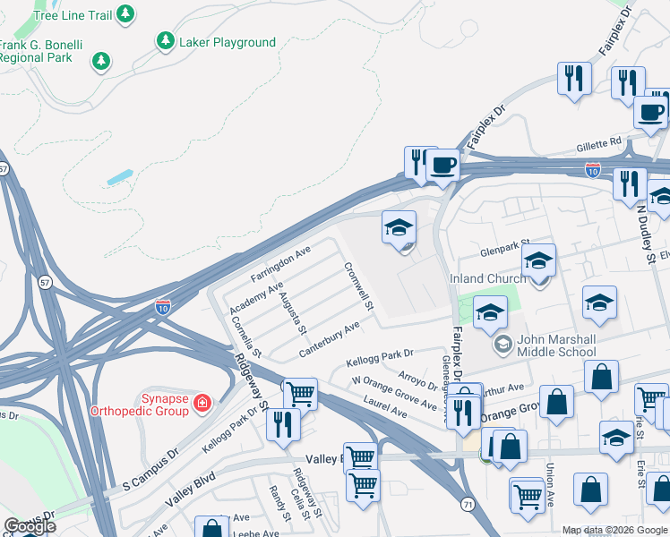 map of restaurants, bars, coffee shops, grocery stores, and more near 2205 Academy Avenue in Pomona