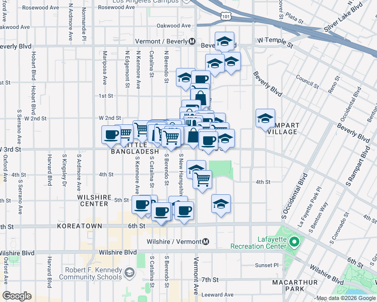map of restaurants, bars, coffee shops, grocery stores, and more near 3518 West 3rd Street in Los Angeles