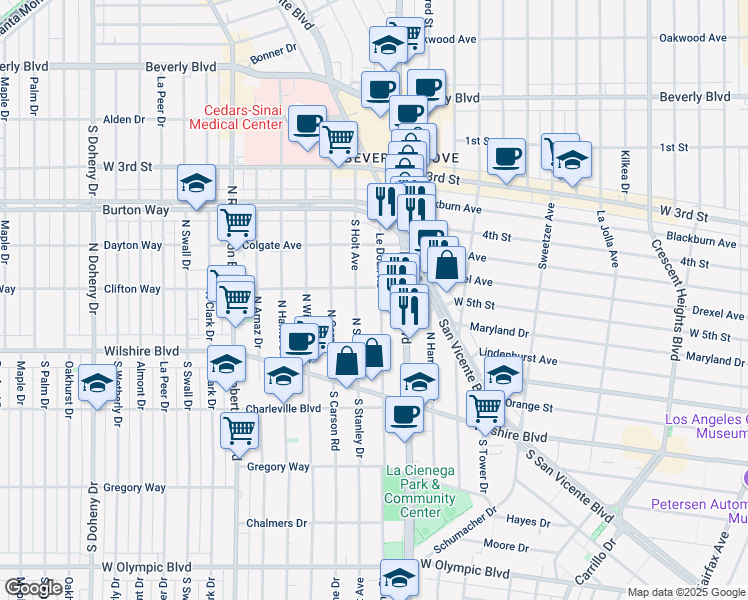 map of restaurants, bars, coffee shops, grocery stores, and more near 166 Le Doux Road in Beverly Hills