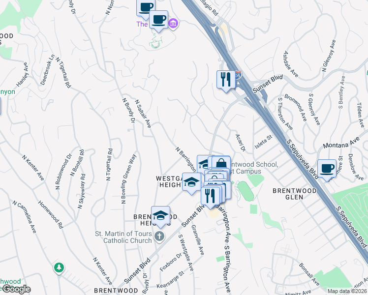 map of restaurants, bars, coffee shops, grocery stores, and more near 314 North Barrington Avenue in Los Angeles