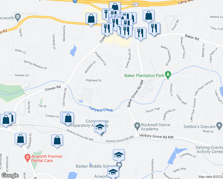 map of restaurants, bars, coffee shops, grocery stores, and more near 682 Windcroft Court Northwest in Acworth